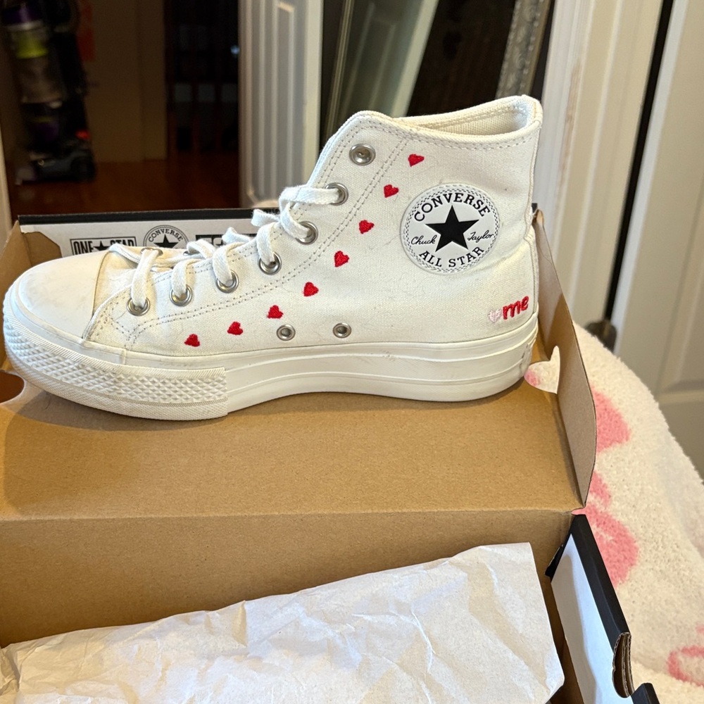 Converse White High-Tops with Red Heart Details